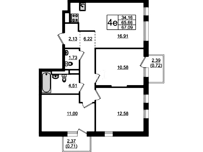 3-комнатная квартира 67.09 м², 11/12 эт., ЖК «Новые Лаврики»